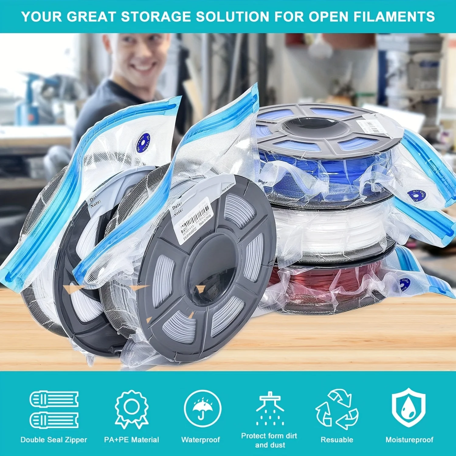 أكياس مانعة للتسرب لخيوط الطابعة ثلاثية الأبعاد - مجموعة مع مشبك إغلاق وحزم مجففة ومضخة يدوية وبطاقة مؤشر الرطوبة