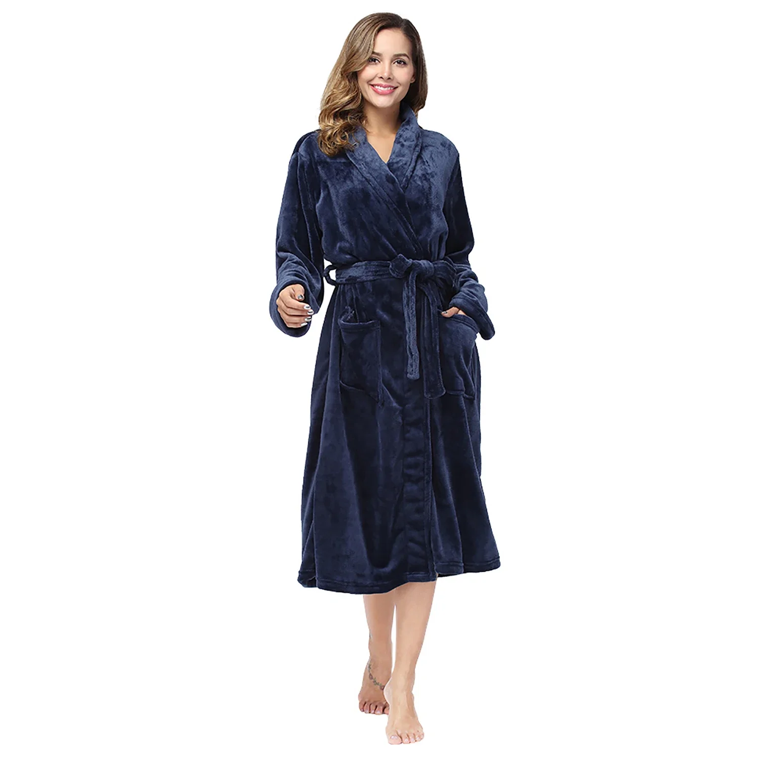 Women's Flannel Solid Color Lapel Bathrobe Autumn and Winter Models Warm and Comfortable Long-sleeved Robe Couple Homewear image 3