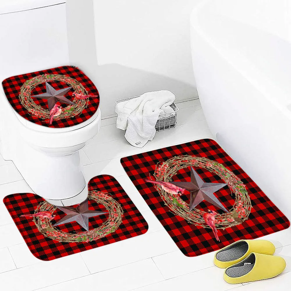 

Merry Christmas Bath Mat Christmas Wreath Black and Red Buffalo Check Plaid Xmas Berry Winter Holiday Non-Slip Flannel Bath Rug