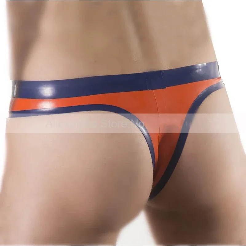 Latex Male Briefs Customise Thongs T-back Panties Sexy Fetish Men Orange and Dark Blue Trims Supply Plus Size Shorts