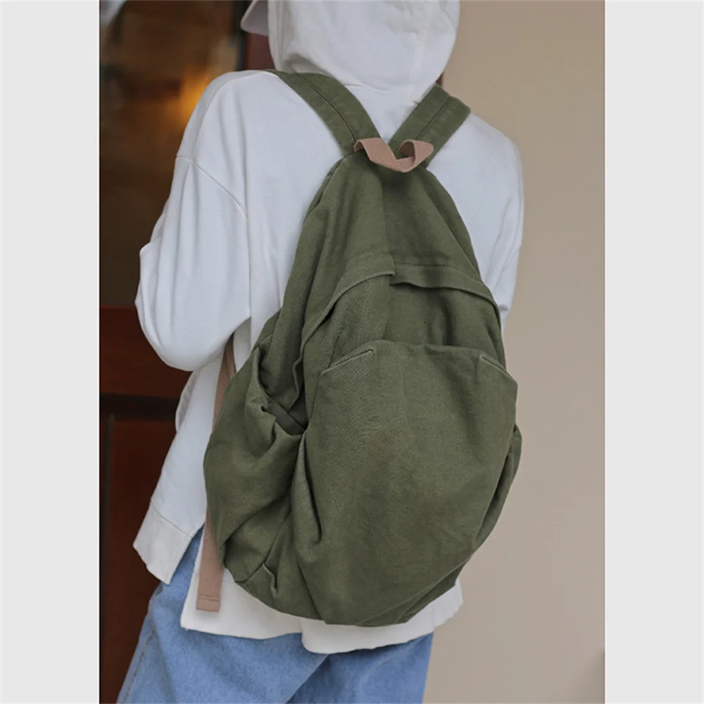 Large Capacity Casual Simplicity Versatile School Student Backpack Solid Color Japanese Washed Canvas Travel Bag For Men Women