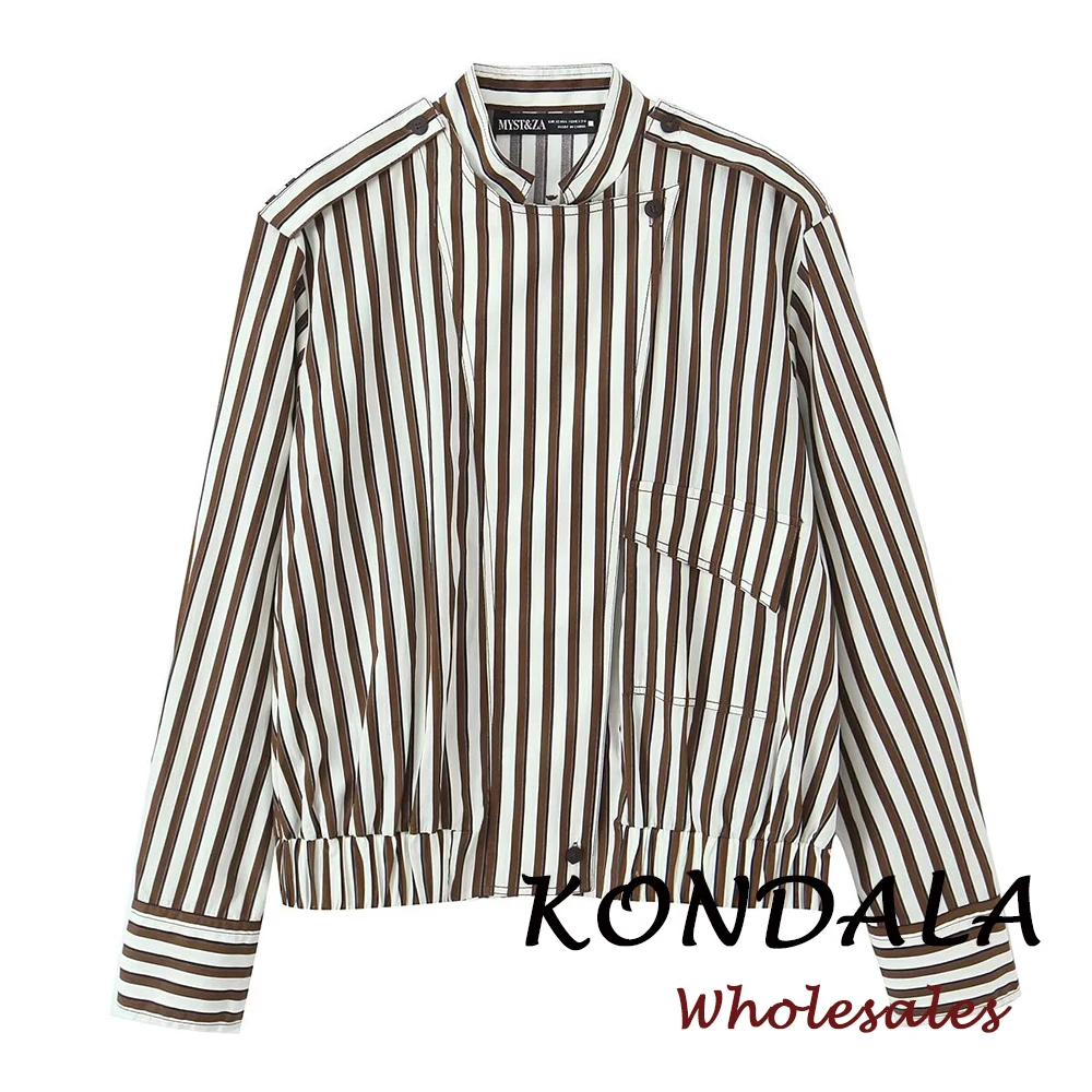 

Женская блузка KONDALA в полоску, с длинным рукавом, модная уличная одежда 2026, однобортная, повседневная, с карманами, для учителей