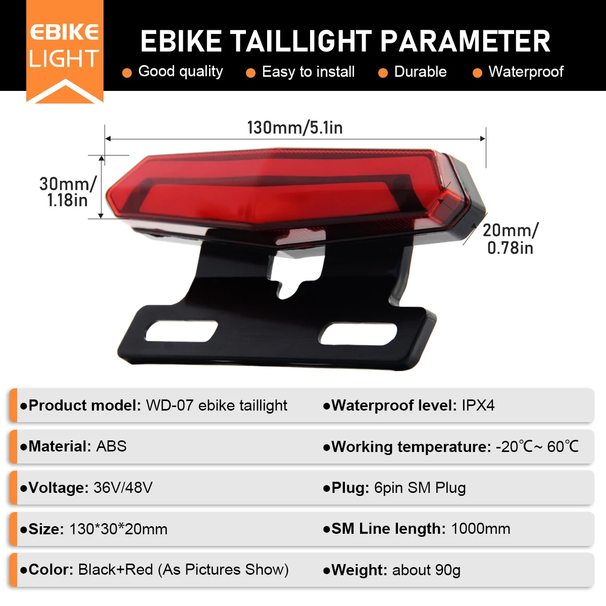 

36V 48V Electric Bicycle Rear Light WD-07 6 Pin LED Safety Night Riding Warning E-bike Scooter Taillights Cycling Accessories