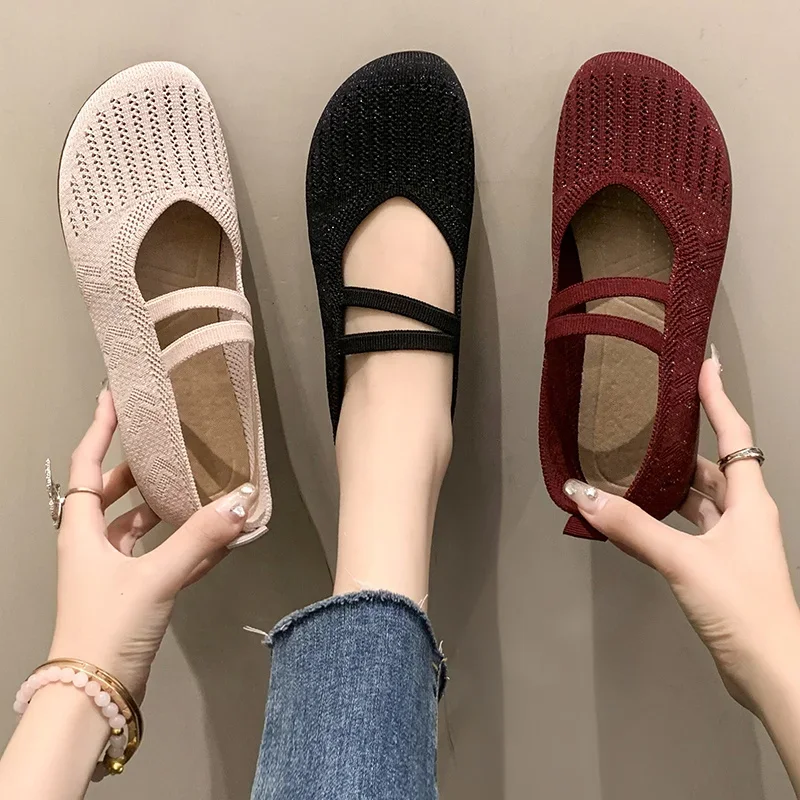 New Women Flats Casual Shoes Fashion Elasticity Strap Mesh Shoes Lady New Round Toe Plus Size Casual Flat Shoes