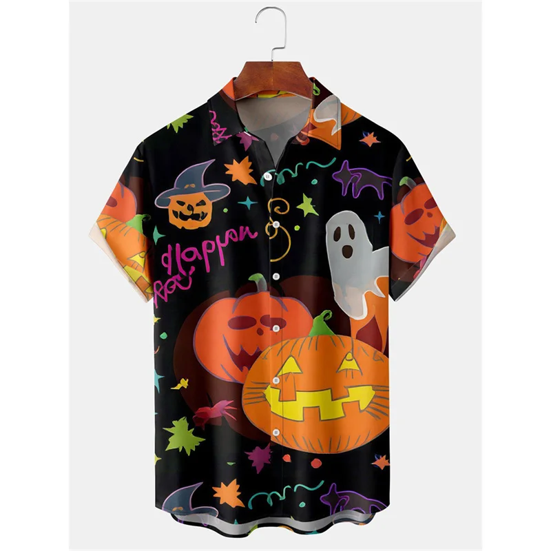 

Happy Halloween Graphic Hawaiian Shirt For Men Jack-o'-lantern 3D Printed Aloha Shirts Casual Short Sleeve Blouse Lapel Tops