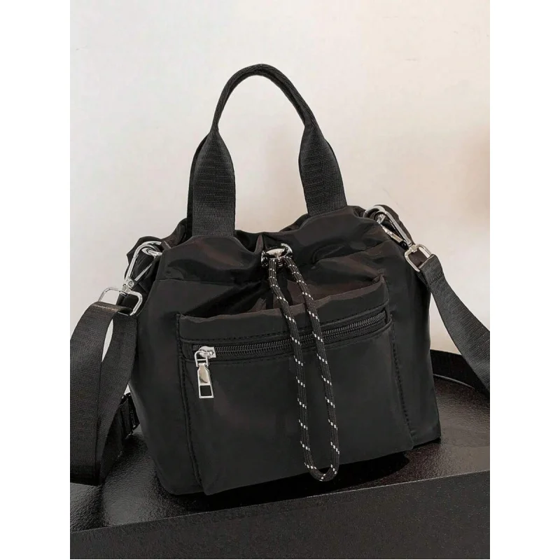 حقيبة دلو كاجوال للسيدات من النايلون مقاومة للماء بلون سادة وحقيبة يد وحقيبة كتف كروس #6