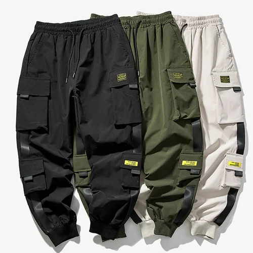 Pantalones sueltos verdes militares de verano para hombre, pantalones para correr, pantalones Cargo para hombre, pantalones de chándal informales de Hip Hop con bolsillos, pantalones de moda para hombre