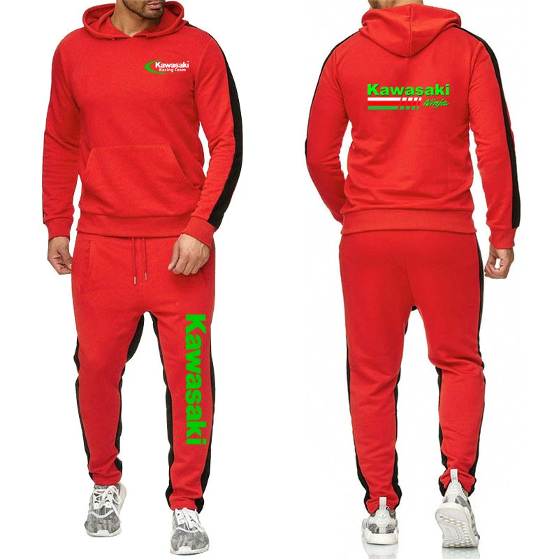 Spring Autumn Man Two-piece Set Solid Color Sets Kawasaki Motorcycle Racing Logo Print Cool Hoodies+Sports Pants Fashion Suits 2