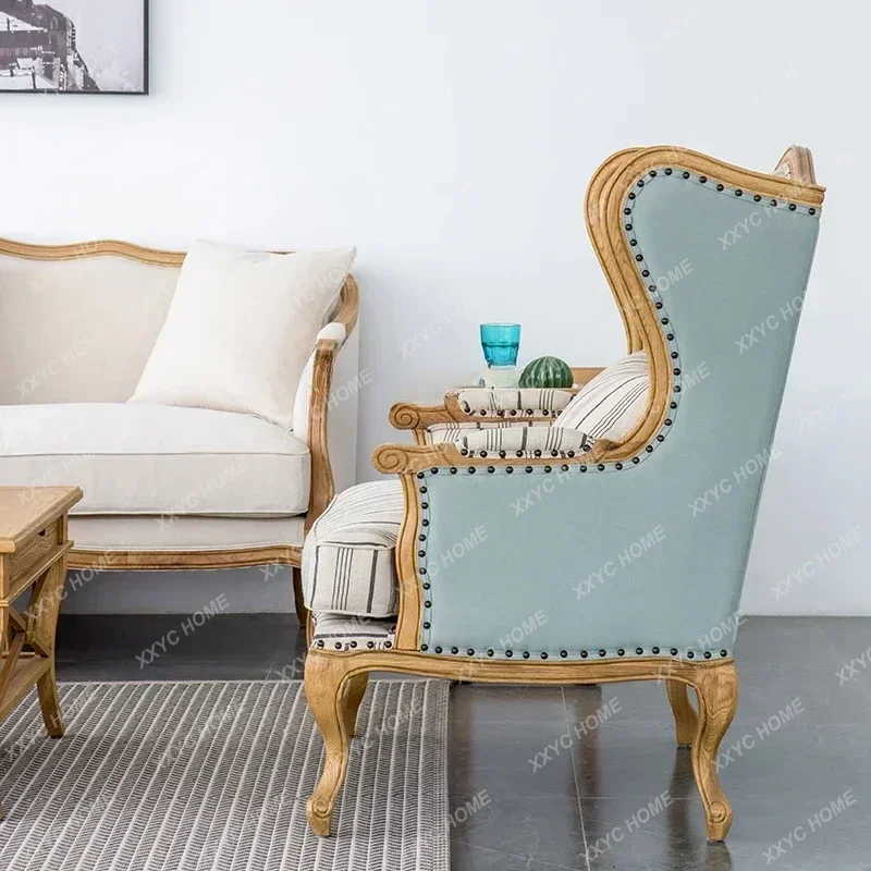 

Aa Solid wood oak sofa chair single sofa, linen sofa, sofa chair soft bag armchair.