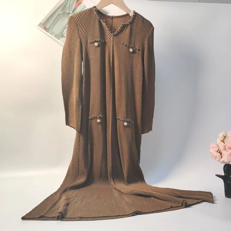 

Miyake плиссированные новые платья с длинными рукавами, женская однотонная простая длинная юбка в стиле ретро, элегантная эластичная одежда большого размера