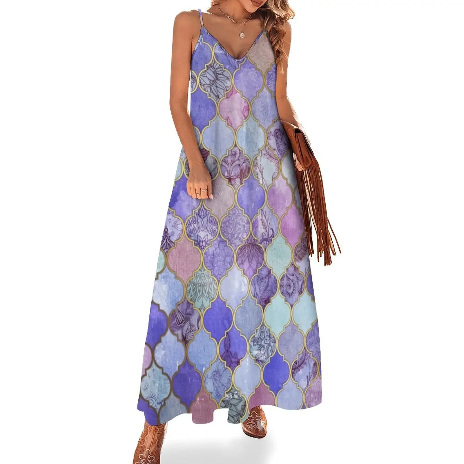 

Royal Purple, Mauve & Indigo Decorative Moroccan Tile Pattern Sleeveless Dress Clothing Party dresses for women