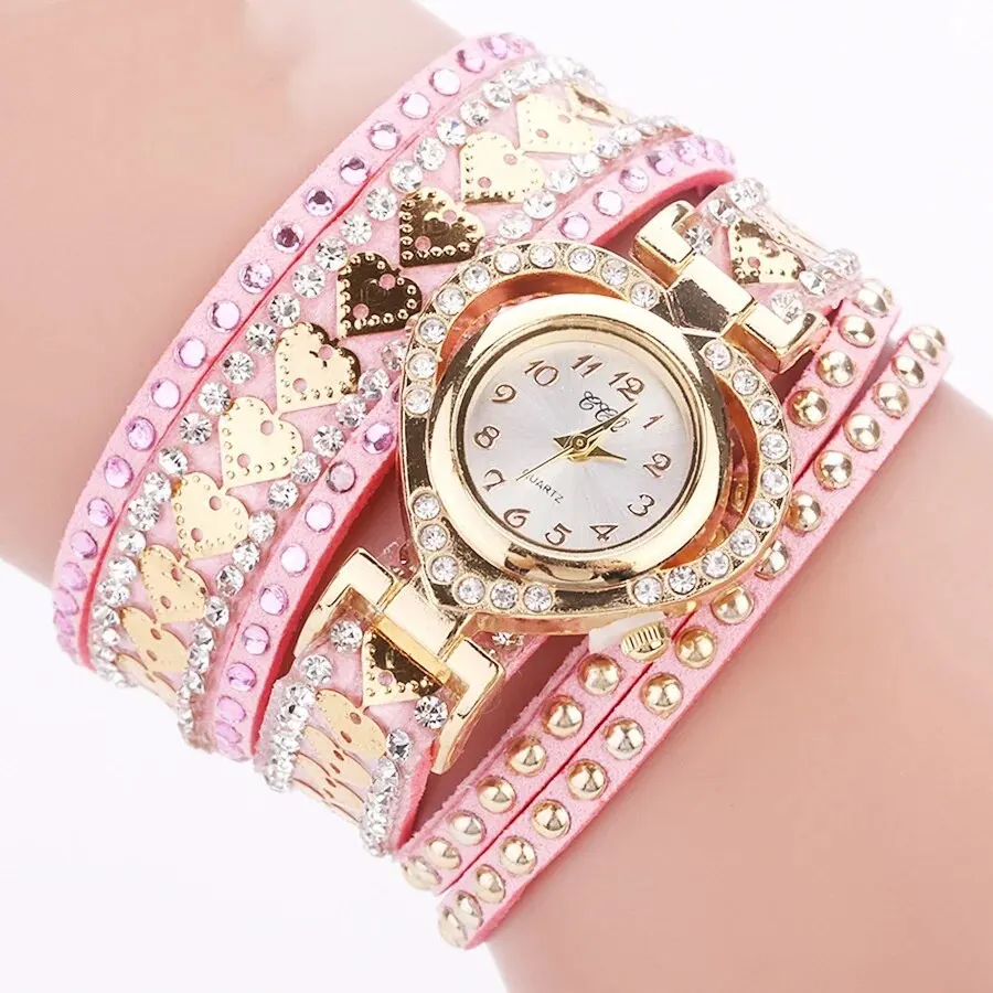 Luxury Women Heart Dial Shiny Design Quality Women Quartz Watch Fashion Rhinestone Bracelet Wrap Strap Women Watch Gifts