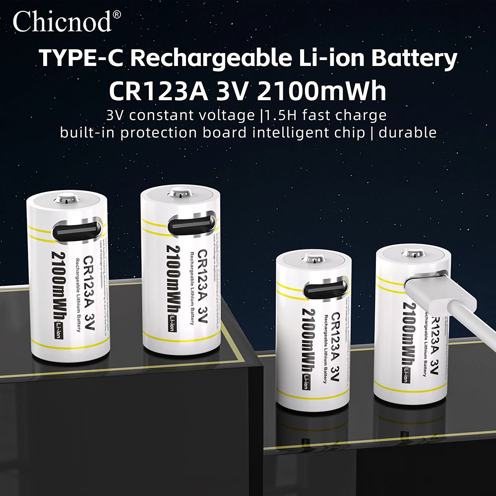

CHICNOD CR123A Rechargeable Battery 2100mWh 3V Li-ion Batteries with Type-C Charging Cable CR123 CR17345 123A for Digital Camera