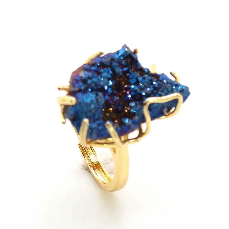 Colorful Crystal Stone Rings For Women Men Natural Irregular Druzy Geode Quartz Rainbow Agate Crystal Stone Finger Ring Jewelry