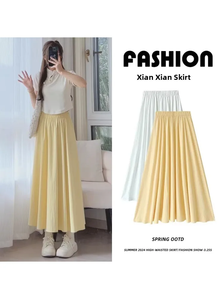 

Yellow High Waist Midi Skirt Women plus Size Color Casual Summer Artistic Style A-Line Skirt Straight Cut Commute Wear