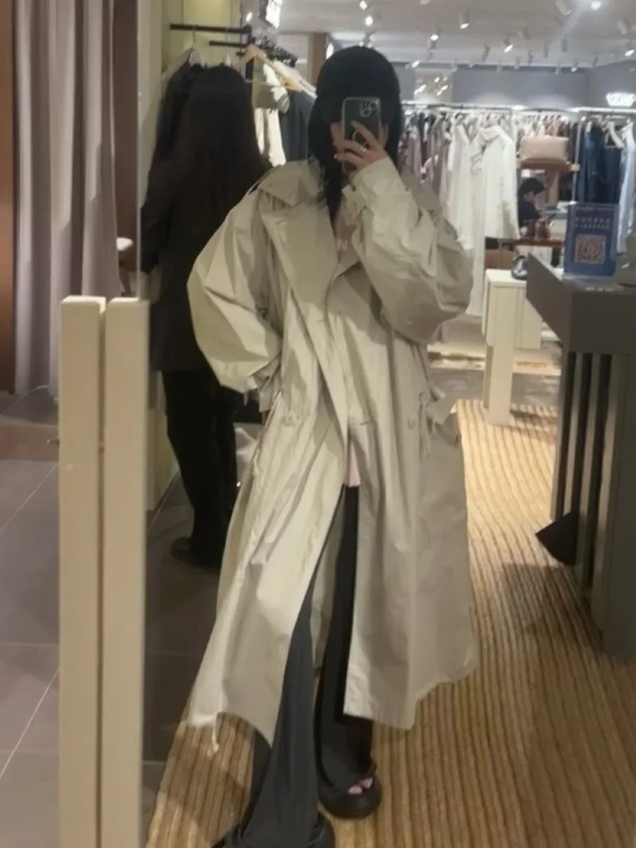 

Women Loose Trench Coat Turn-down Collar Double Breasted Long Sleeve Casual Female Hooded Jacket