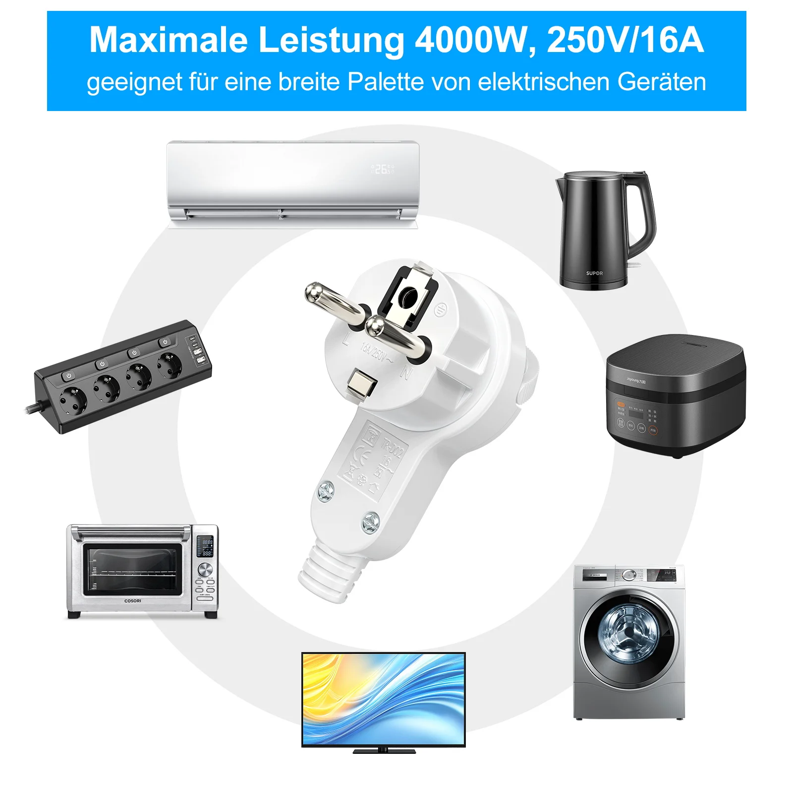 قابس زاوية Schuko مع اتصال أرضي، 250 فولت، 16 أمبير، قابس مسطح مع قبضة قابلة للطي وحماية مدببة الجهد، 3 قطع #4