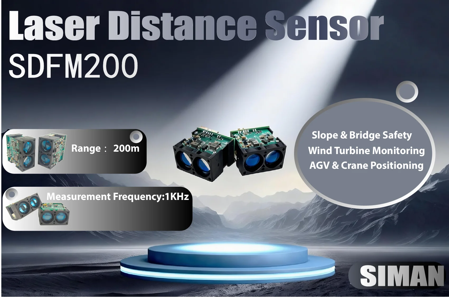 Siman SDFM 200m Laser Distance Sensor with UART/IIC Interface 1kHz Adjustable Frequency DC 9~36V