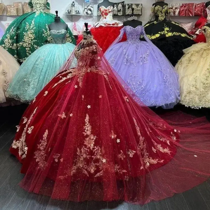 Customized Burgundy Satin Quinceanera Dresses With Tulle Cape Vestidos De 15 Anos Applique Gold Lace Butterfly Birthday Party