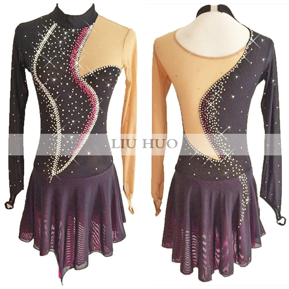 LIUHUO Women Girl Ice Figure Skating Dress Competition Performance Costume Dance Leotard Roller Adult Teen Ballet Black Skirt