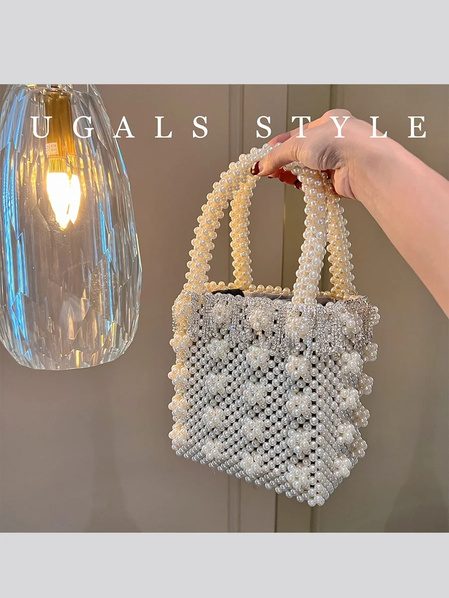 

UGALS Hanrted Diamond Pearl Buet Handbag iny Hollow out Ele Clutch Bag for Women Open Top Polyester