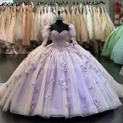 Angelsbridep Lilac Quinceanera Dress 3D Flora Ball Gown Detachable Long Sleeves Pageant Sweet 15 Party Vestidos De XV Años