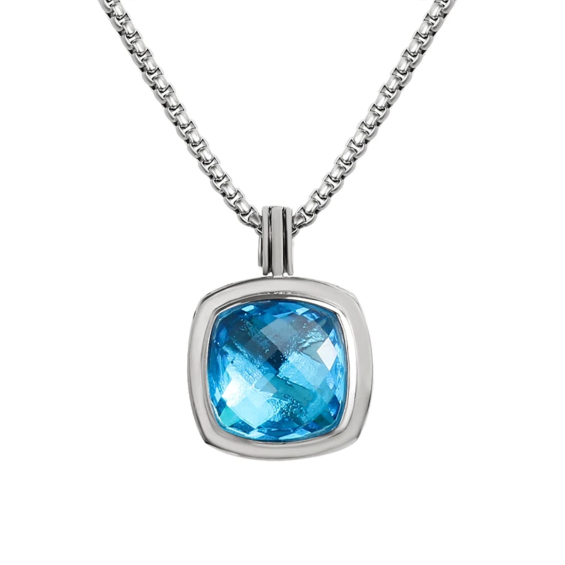 

20mm Square Imitation Blue Topaz Pendant Fashion Chic White Gold Plated Brass Box Chain Necklace Jewelry Accessory for Women