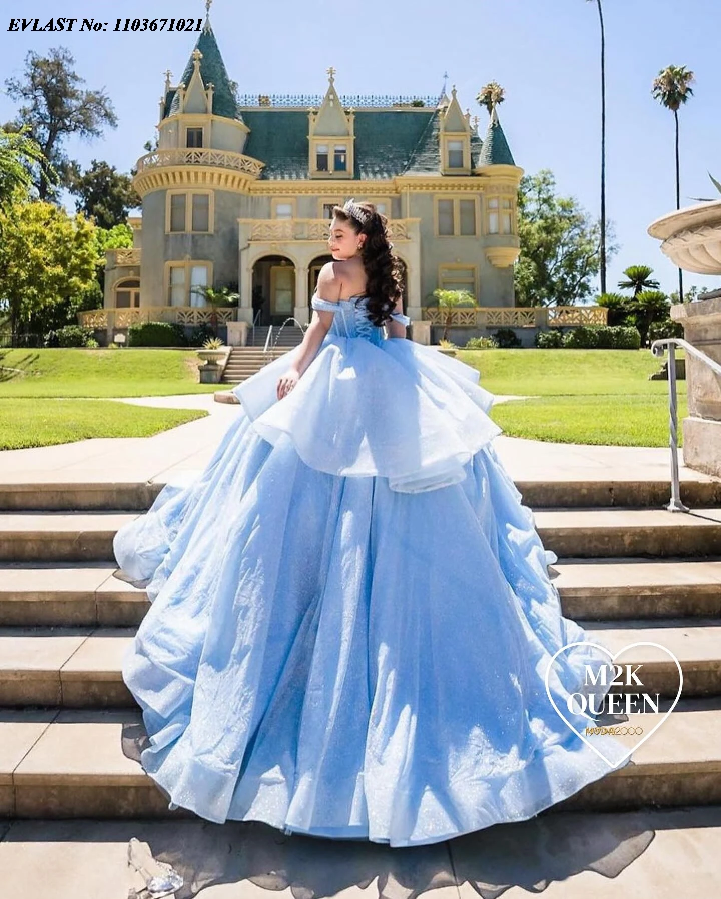 Evlast Mexican Blue Quinnceanera Jurk Baljurk Pailletten Kralen Kristal Gelaagde Korset Sweet 16 Vestidos De 15 Anos Sq450