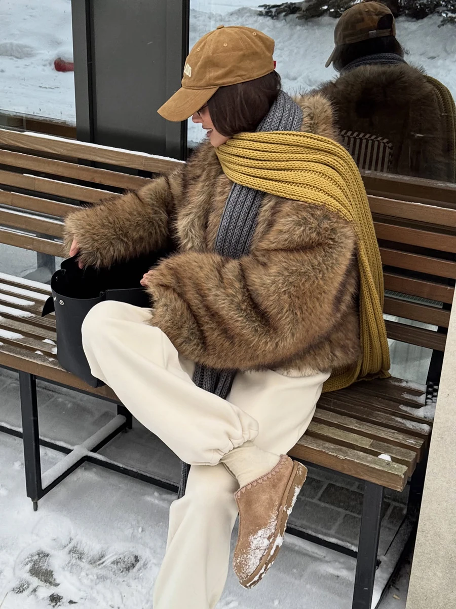 Women's Fluffy Faux Fur Coat Camel Shaggy Lapel Collar Cropped Thick Warm Winter Jacket Elegant Luxe Chic Outerwear