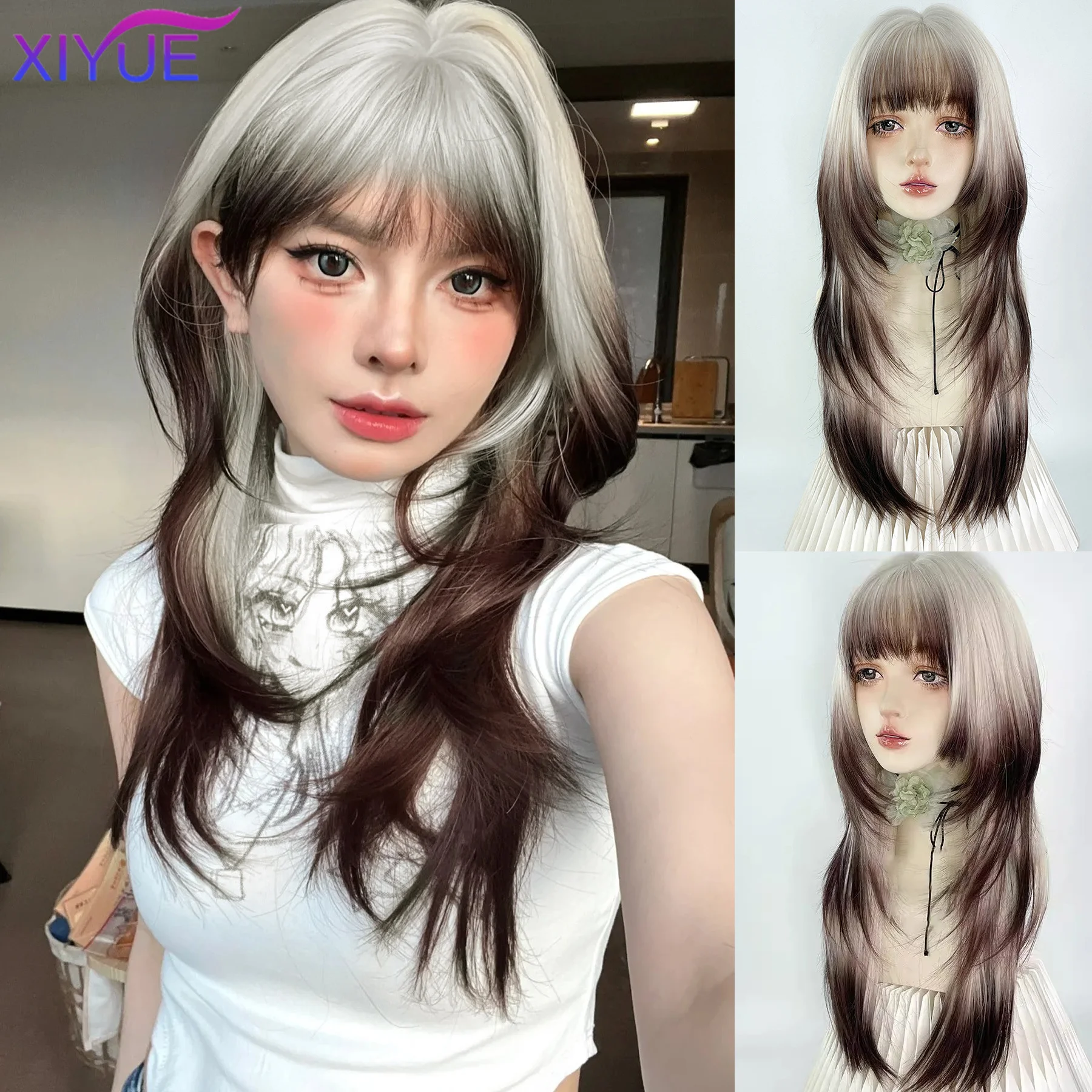 Synthetic Long Layered Ombre Beige Brown Hime cut Wig with Bangs Jellyfish head Fluffy Women Lolita Cosplay Wig for Daily Party