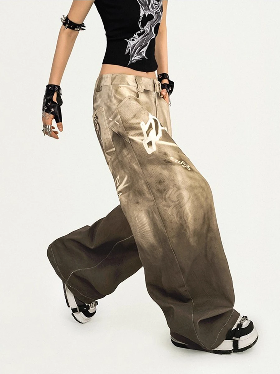 REDDACHiC Y2k Stampa Star Baggy Jeans Donna Distressed Tasche sfumate Gamba larga Vita bassa Pantaloni a botte Abiti estetici di moda