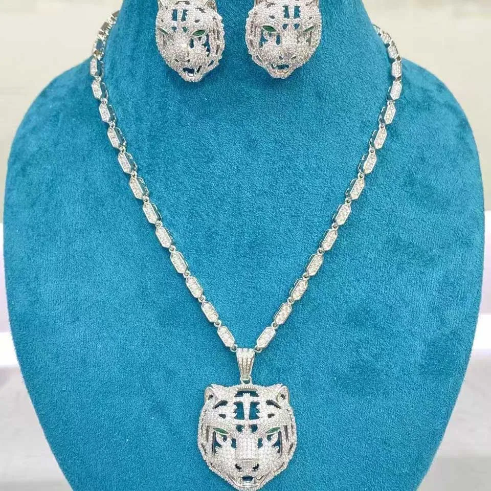 Zlxgirl Brand gold tiger animal pendant ear wedding jewelry sets metal cubic zircon necklace and earring bijoux set neclace gift