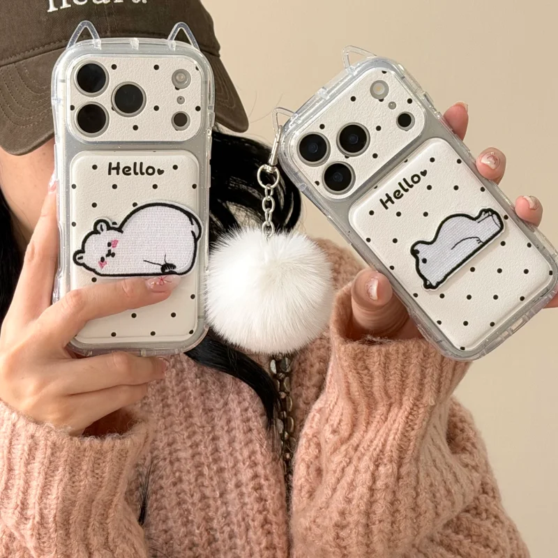 

Kawaii Cartoon Embroidery Bear Polka Dot Leather Phone Case For iPhone 17 Pro 16 15 14 Pro Max Cover with Plush Ball Pendant Cas