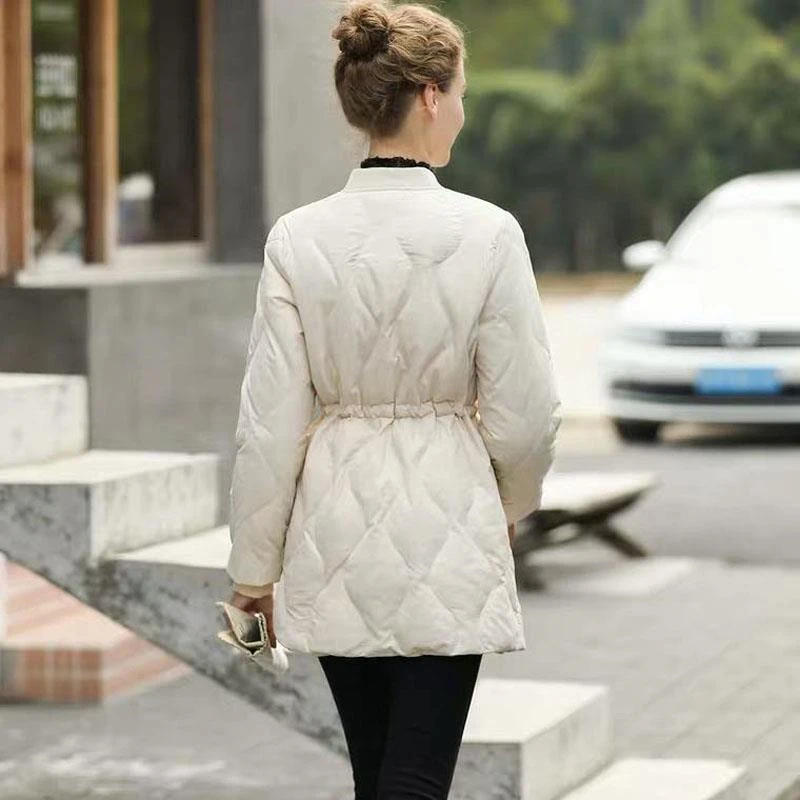 Korean Mid-Length Lightweight Cotton Padded Jacket Women Casual Drawstring Waist Fashion Quilted Coat Elegant Warm Winter Parkas