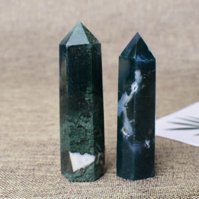 1PC Natural Moss Agate Crystal Point Wand Meditation Healing Stone Home Decoration Reiki Obelisk Tower Beautiful Pyramid Gift