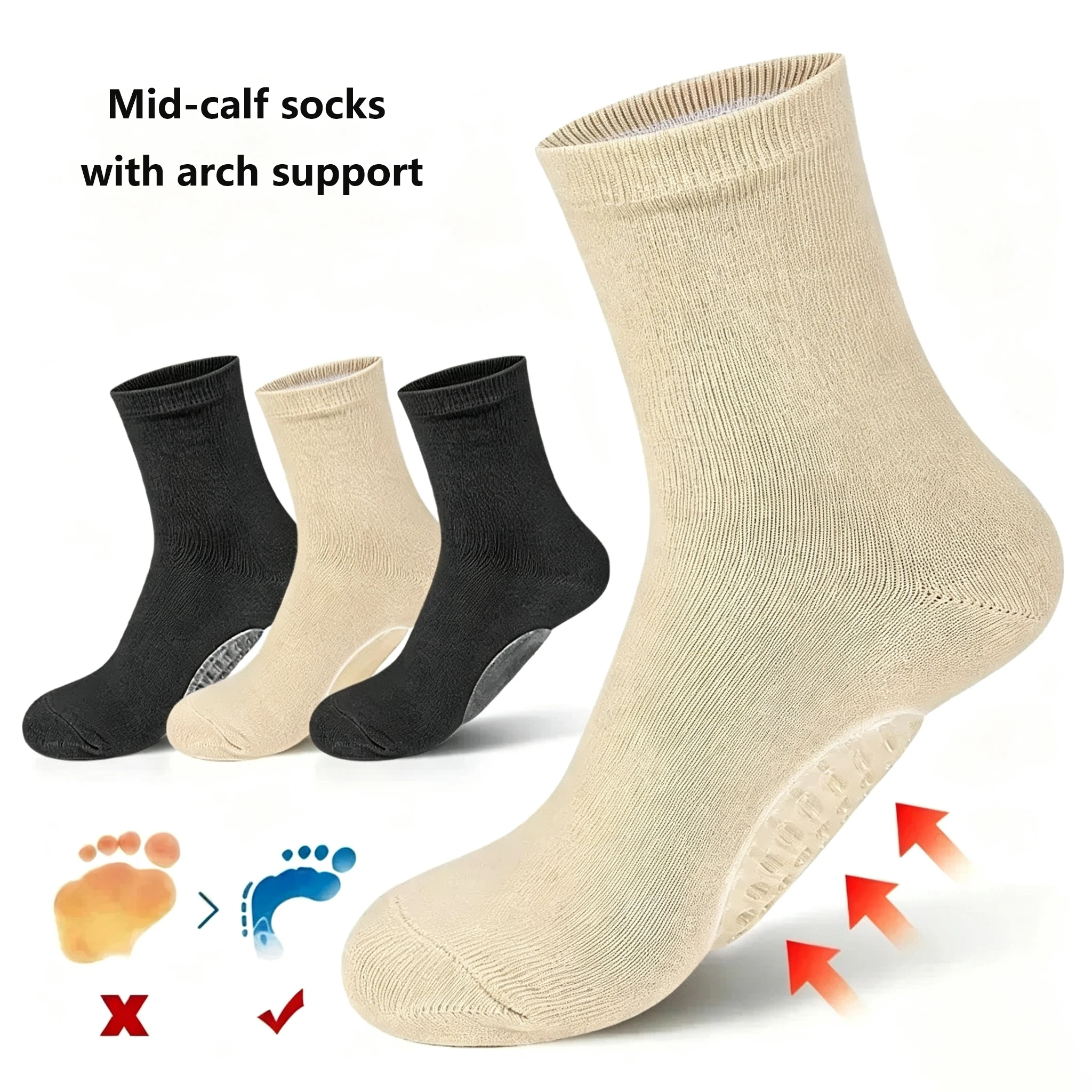 Mid-calf arch-support socks with gel pads; corrective socks for arch support and pronation/supination issues.