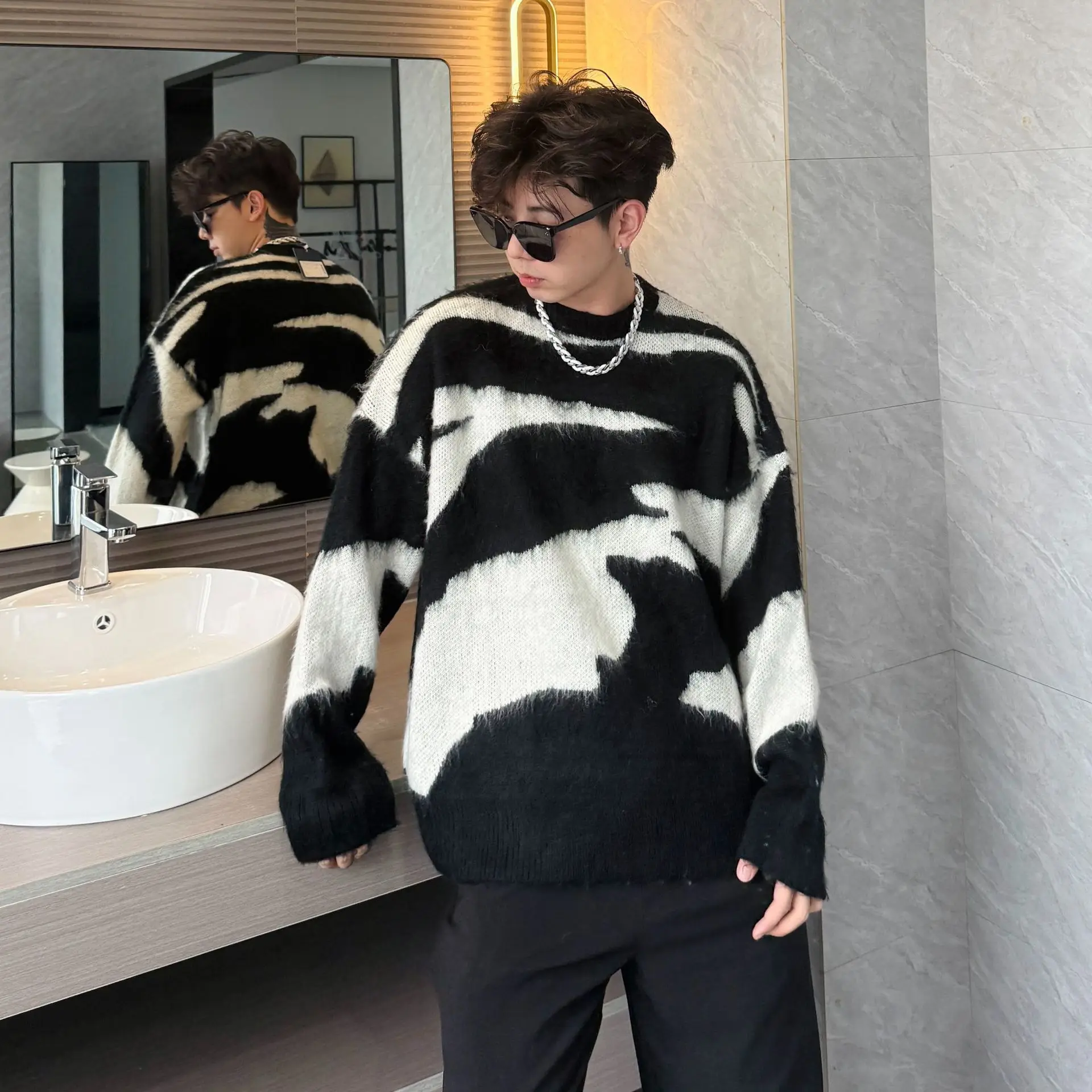 

Зимний повседневный свободный вязаный свитер Yuzhe с высоким воротником, черно-белый, молодежный, с длинными рукавами, круглый вырез, топ