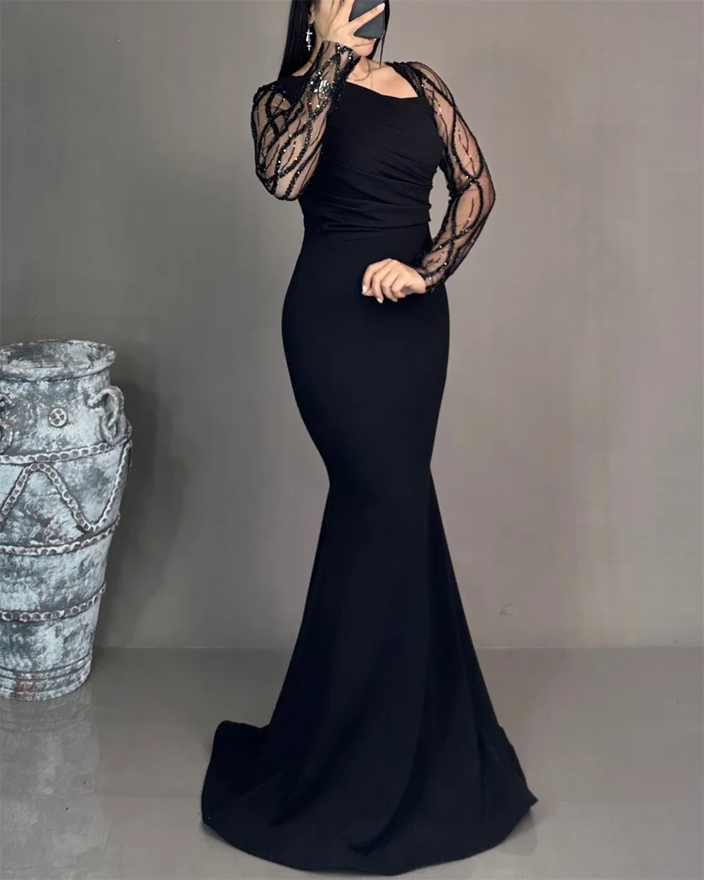 Abiti da ballo a sirena lunghi fino al pavimento con glitter personalizzati Sansa Manica lunga Nero فساتudenudenudenudenudenza Zip formale فات щу2025