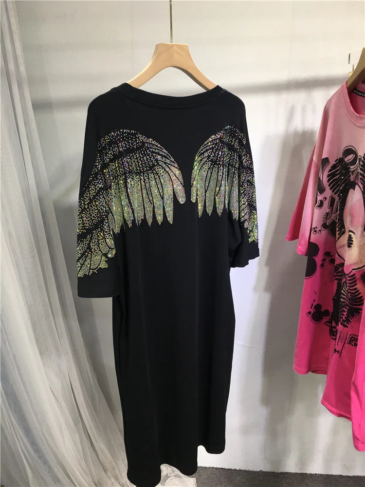 Luxury Shiny Swan Hot Drilling Loose Women Dress Back Wings Diamonds O-neck Mid-long T-shirt Top Short Sleeve Black T Dresses