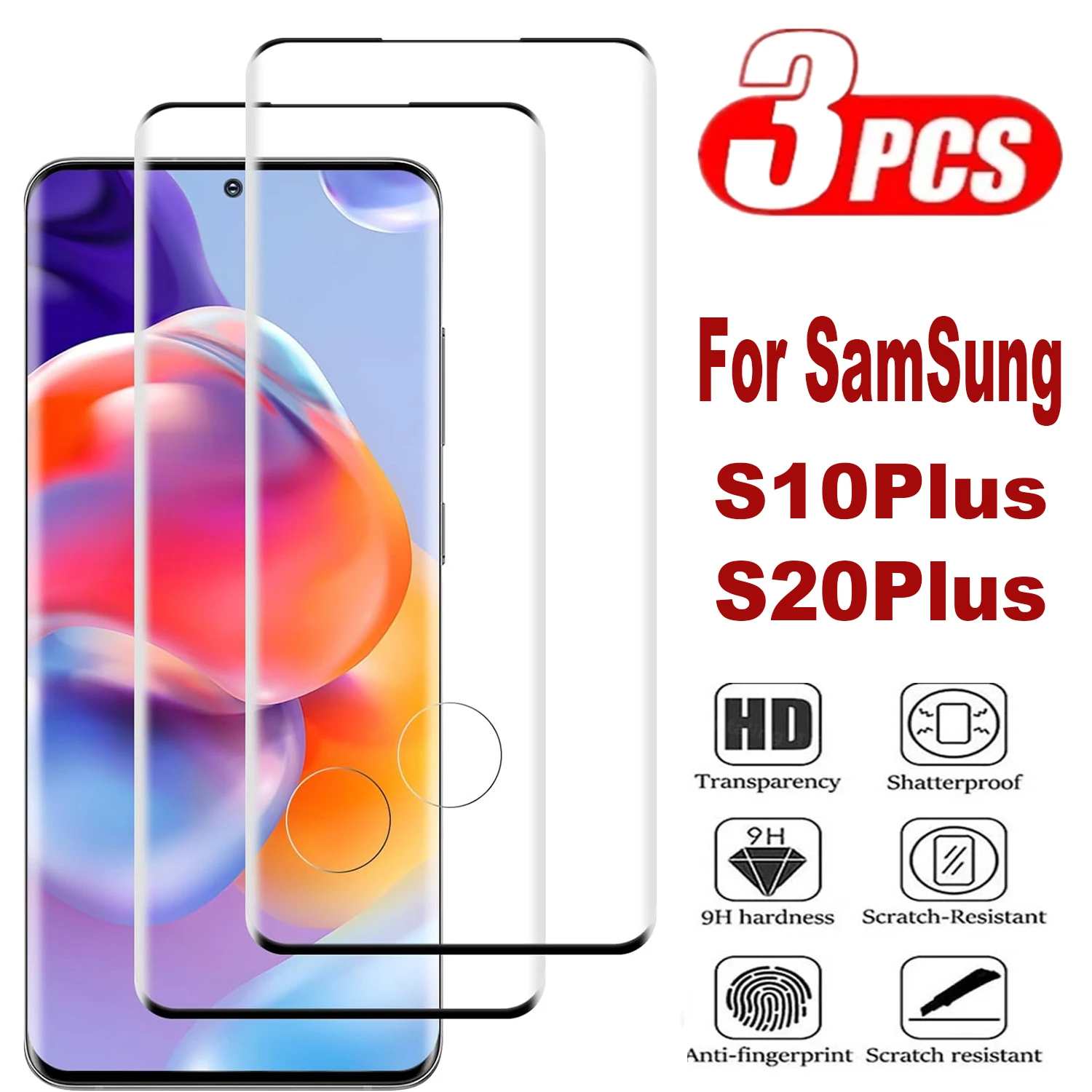 3Pcs 9H Curved Four Sides Glue Tempered Glass For Samsung Galaxy S10 + S20 + HD Screen Protector