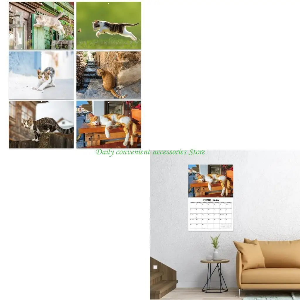 

97QB Календарь на 2026 год с крупным принтом и кошками из переработанной бумаги, настенный крючок с яркими ежемесячными идеально