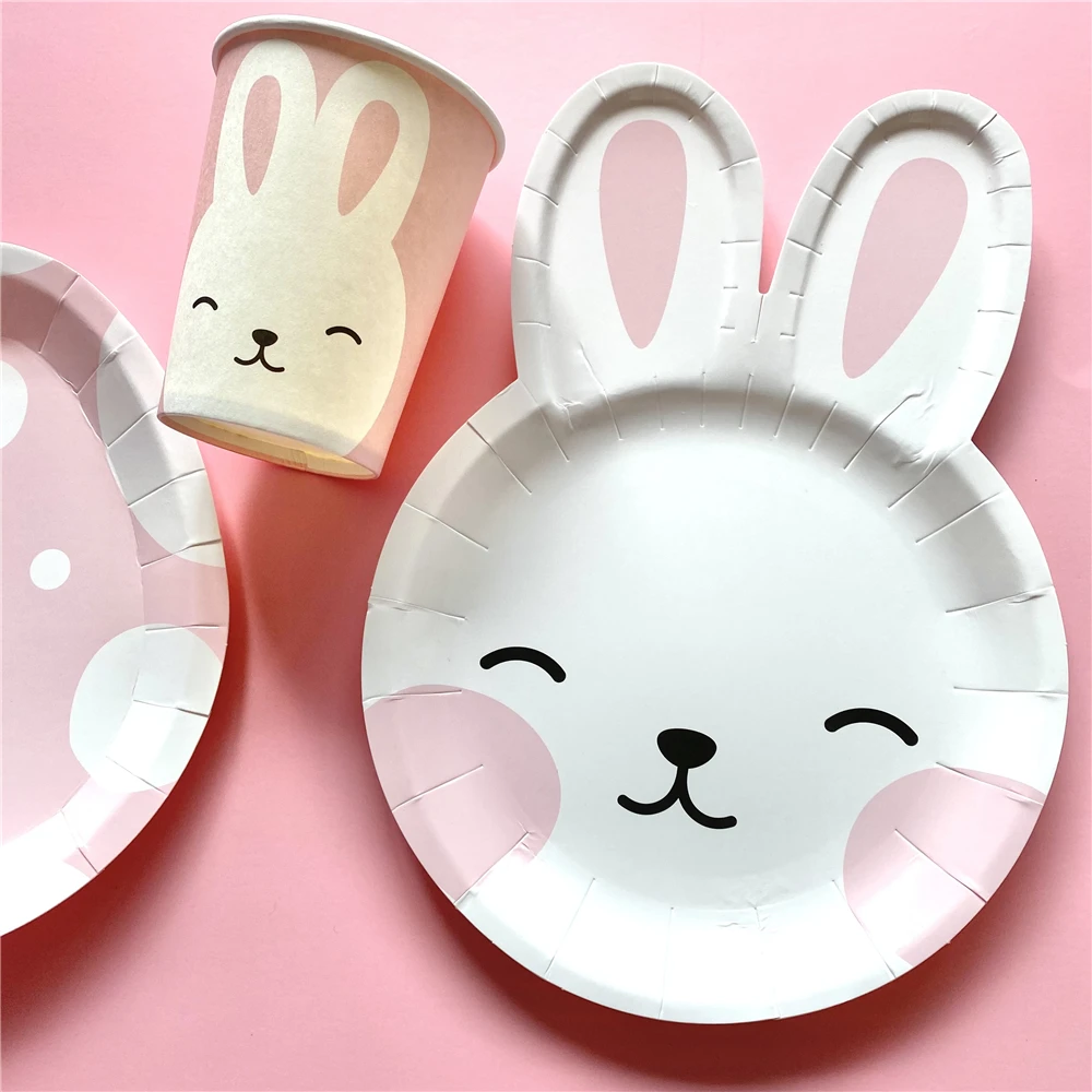 Happy Birthday Decoration Rabbit Bunny Egg Shape Cup Plate Easter Party Decor Disposable Tableware Party Favor