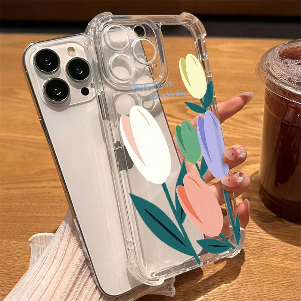 Hard Back Phone Cases for iPhone 15 14 13 ProMax XR XS Max 7 8 Plus SE Shockproof Cover for iPhone 12 11 Tulip Clear Fundas