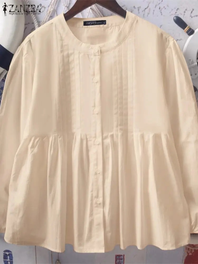 

ZANZEA 2024 Summer Holiday Ruffle Tunic Women Long Sleeve Blouse Fashion Korean Solid Shirt Casual Loose Round Neck Pleated Tops
