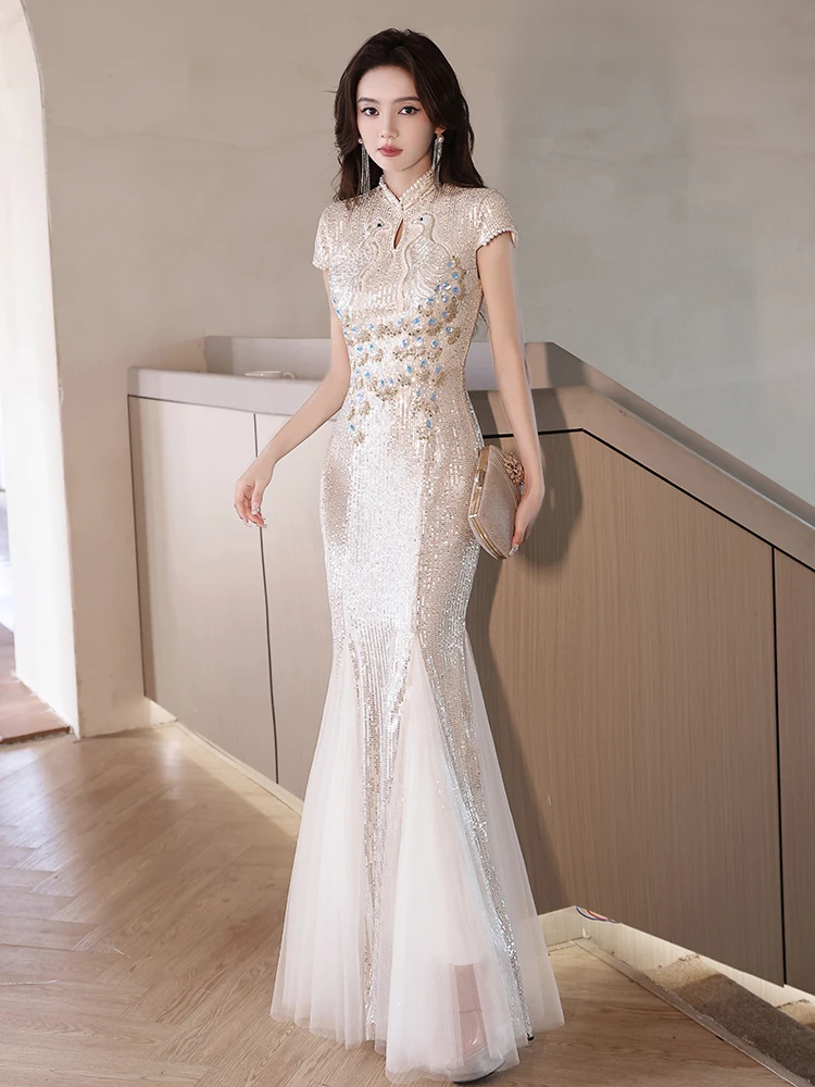 

Ele Chinese Evening Gown Sparkling High-End Luxury Adult Formal Par Host Long Dr with Beads And Sequins