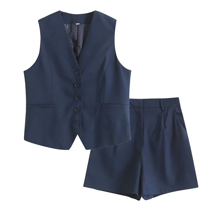 Summer Suit Female 2023 Casual Europe And The United States Loose Wide-Legged Shorts Grey Suit Waistcoat Two-Piece Set