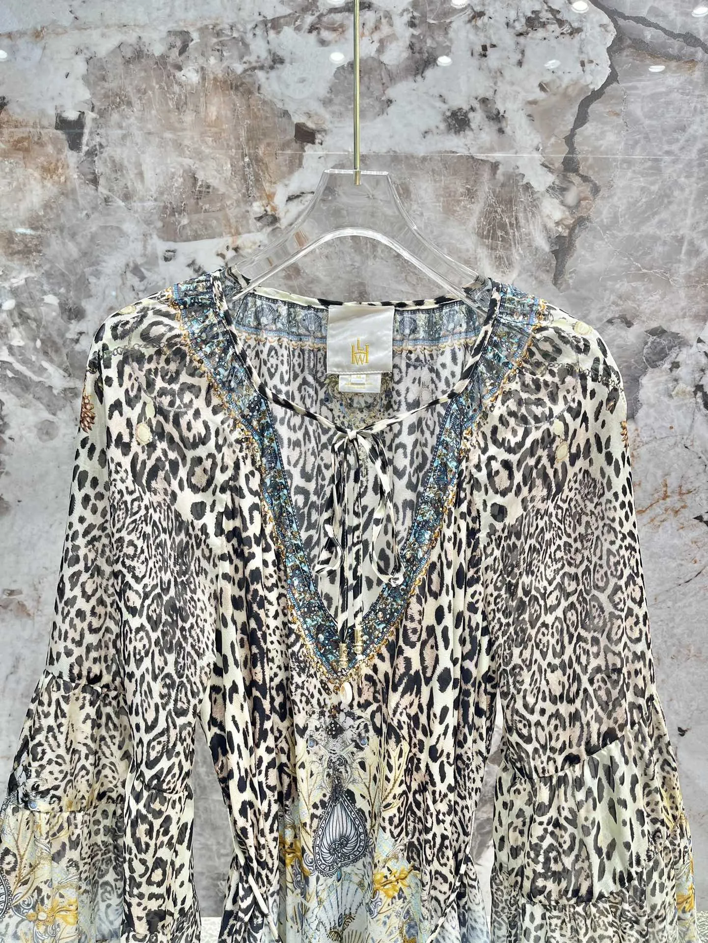 Women Leopard Printed V-Neck Beaded 100% Silk Long Sleeve Mini Dress