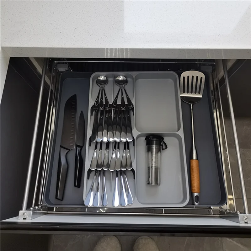 

BAAG-Kitchen Drawer Organizer Tray For Silverware Cutlery Utensils And Gadgets, Expandable, Gray Durable Easy Install