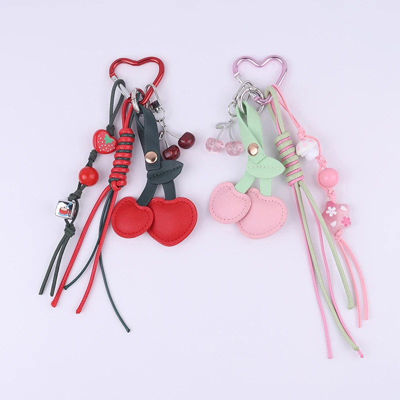Korean Trendy Leather Heart Bow Keychain Delicate Beaded Keyring Car Key Holder Bag Pendant Decoration For Girls Gift