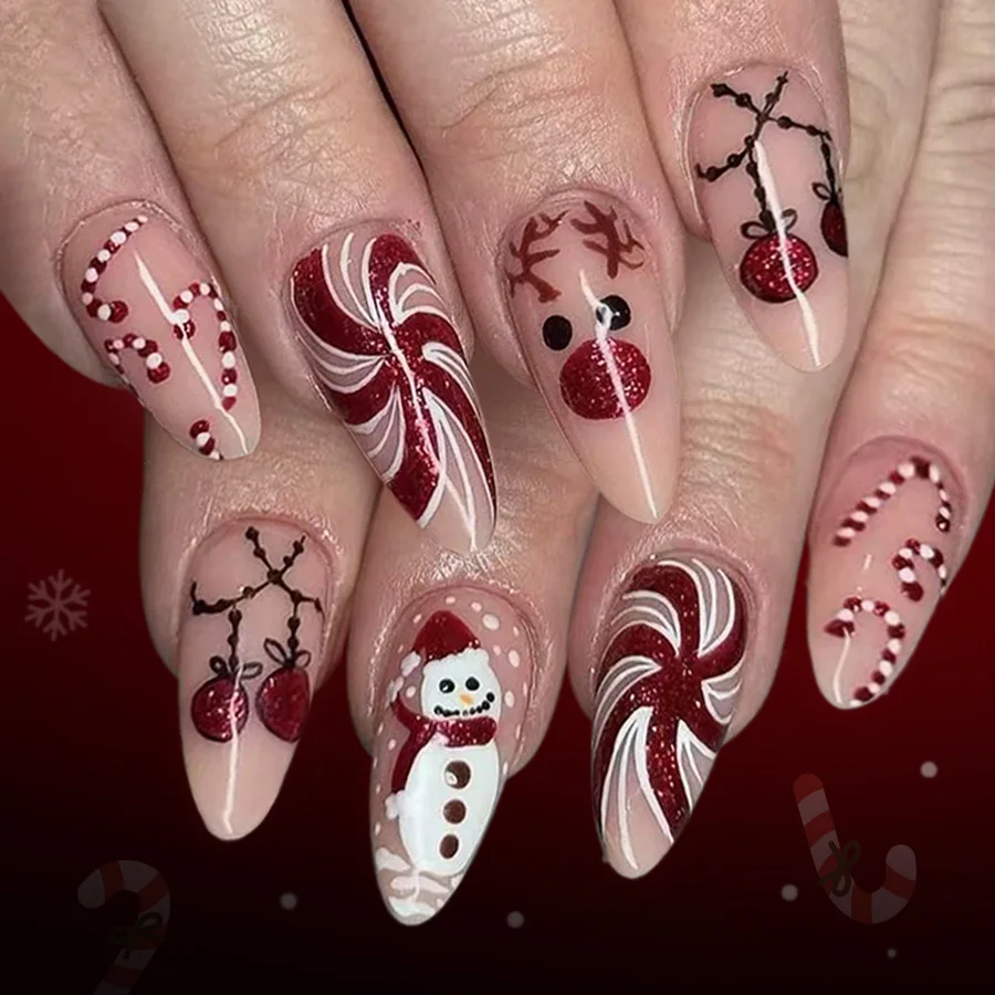 24Pcs Mid-length Almond Fake Nail Red Striped French Christmas Hat Press on False Nails Snowflake Wearable Full Cover Nails Tips